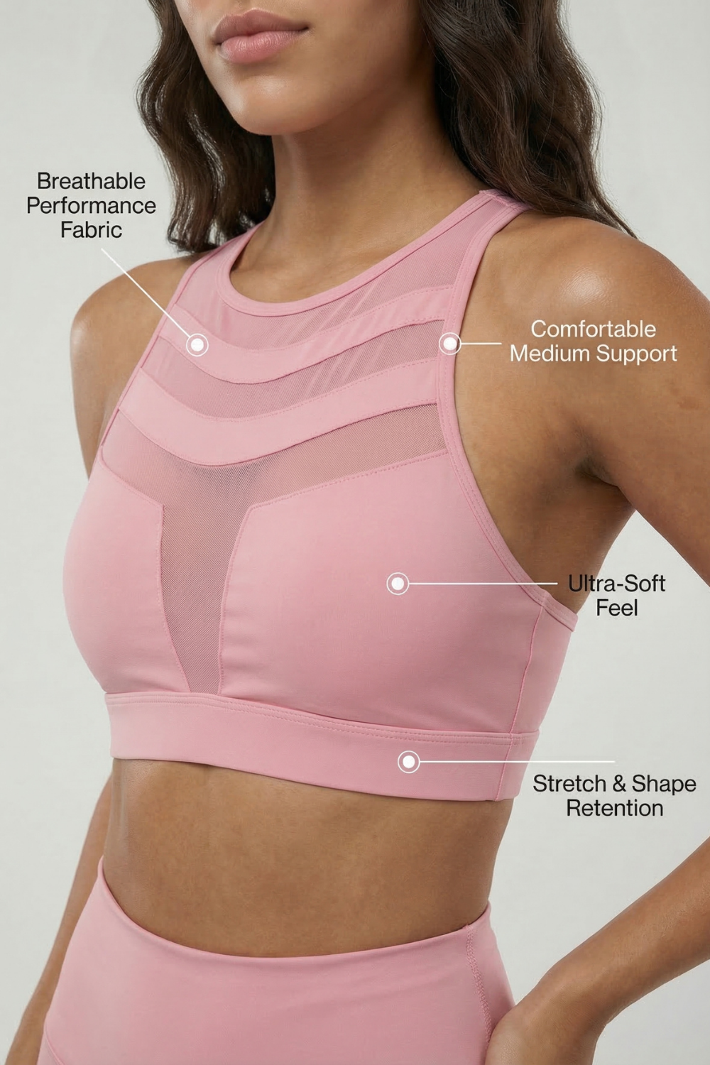 Mesh Panel High-Neck Strappy Sports Bra Apparel & Accessories > Activewear > Sports Bras by Profit Outfits