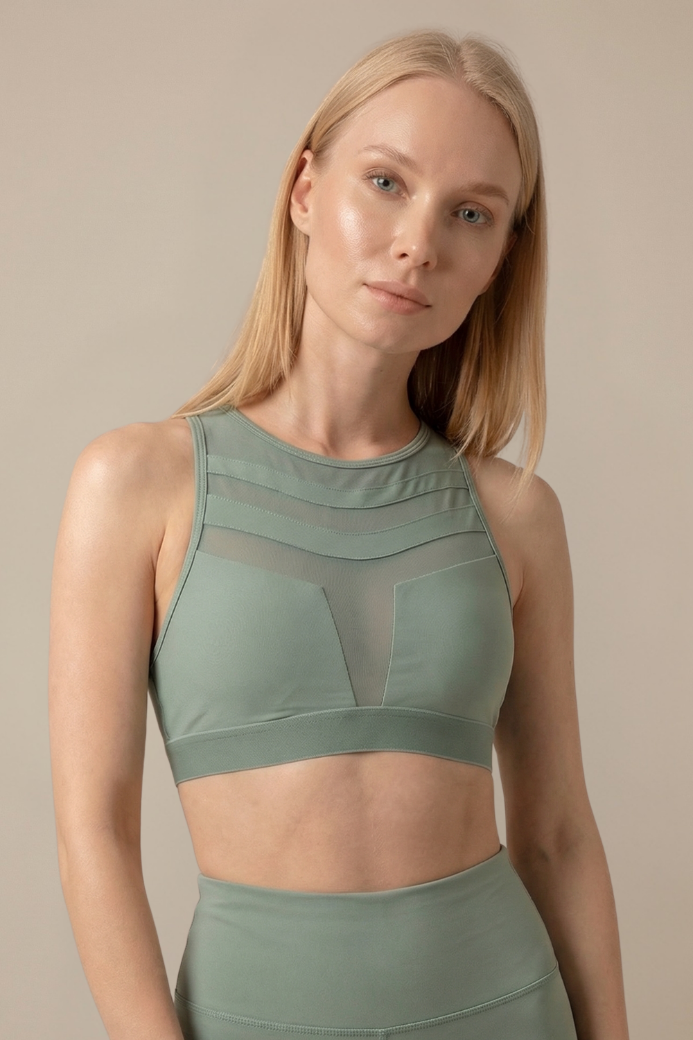 Mesh Panel High-Neck Strappy Sports Bra Apparel & Accessories > Activewear > Sports Bras by Profit Outfits