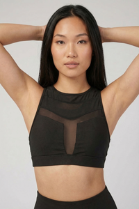 Mesh Panel High-Neck Strappy Sports Bra  by PROFIT OUTFITS