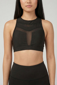 Mesh Panel High-Neck Strappy Sports Bra  by PROFIT OUTFITS