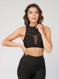 Mesh Panel High-Neck Strappy Sports Bra  by PROFIT OUTFITS