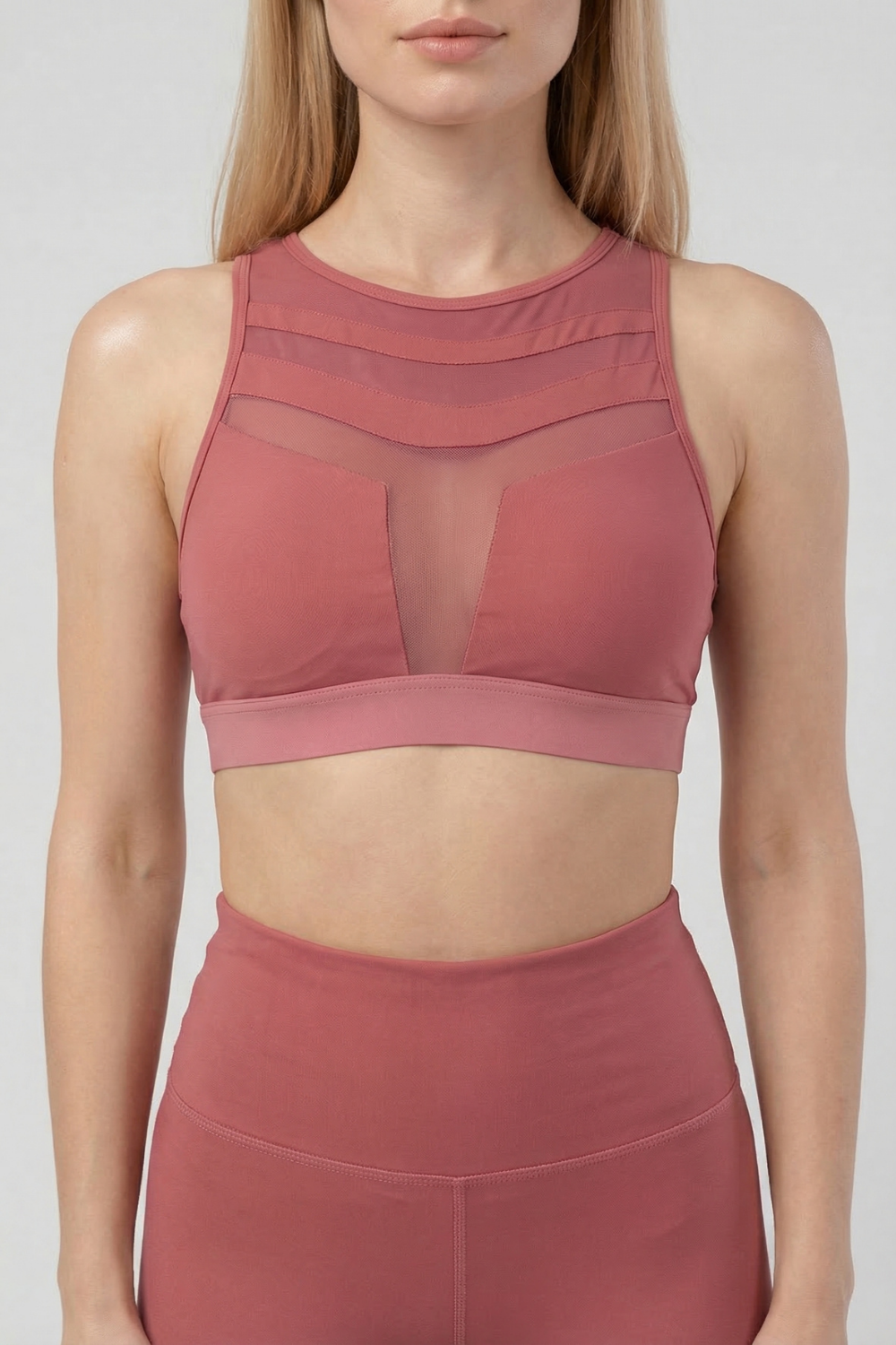 Mesh Panel High-Neck Strappy Sports Bra  by PROFIT OUTFITS