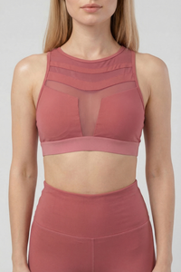 Mesh Panel High-Neck Strappy Sports Bra  by PROFIT OUTFITS