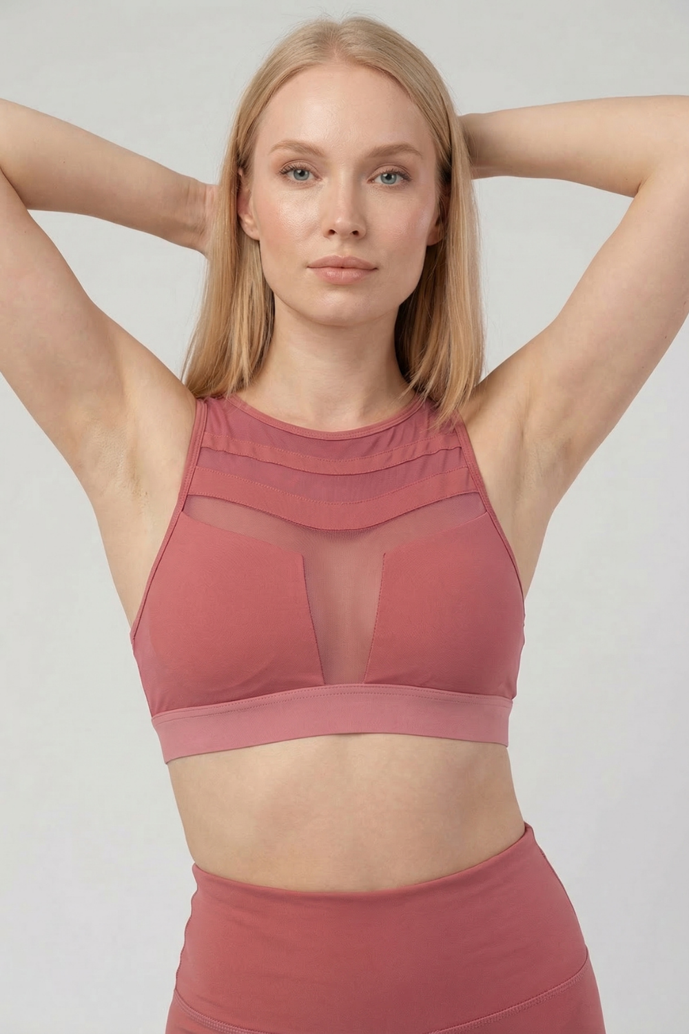 Mesh Panel High-Neck Strappy Sports Bra  by PROFIT OUTFITS