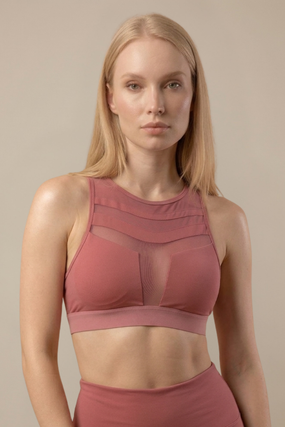 Mesh Panel High-Neck Strappy Sports Bra  by PROFIT OUTFITS