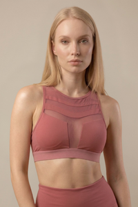 Mesh Panel High-Neck Strappy Sports Bra  by PROFIT OUTFITS