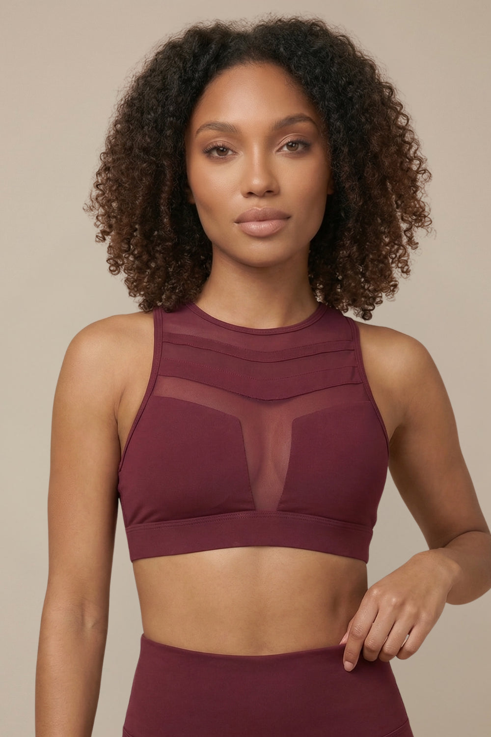Mesh Panel High-Neck Strappy Sports Bra - Garnet Apparel & Accessories > Activewear > Sports Bras by Profit Outfits