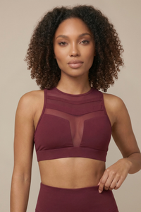 Mesh Panel High-Neck Strappy Sports Bra  by PROFIT OUTFITS