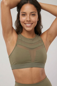 Mesh Panel High-Neck Strappy Sports Bra  by PROFIT OUTFITS