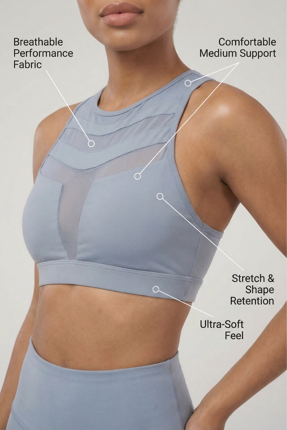 Mesh Panel High-Neck Strappy Sports Bra  by PROFIT OUTFITS