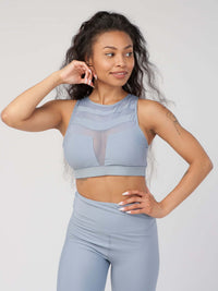 Mesh Panel High-Neck Strappy Sports Bra  by PROFIT OUTFITS