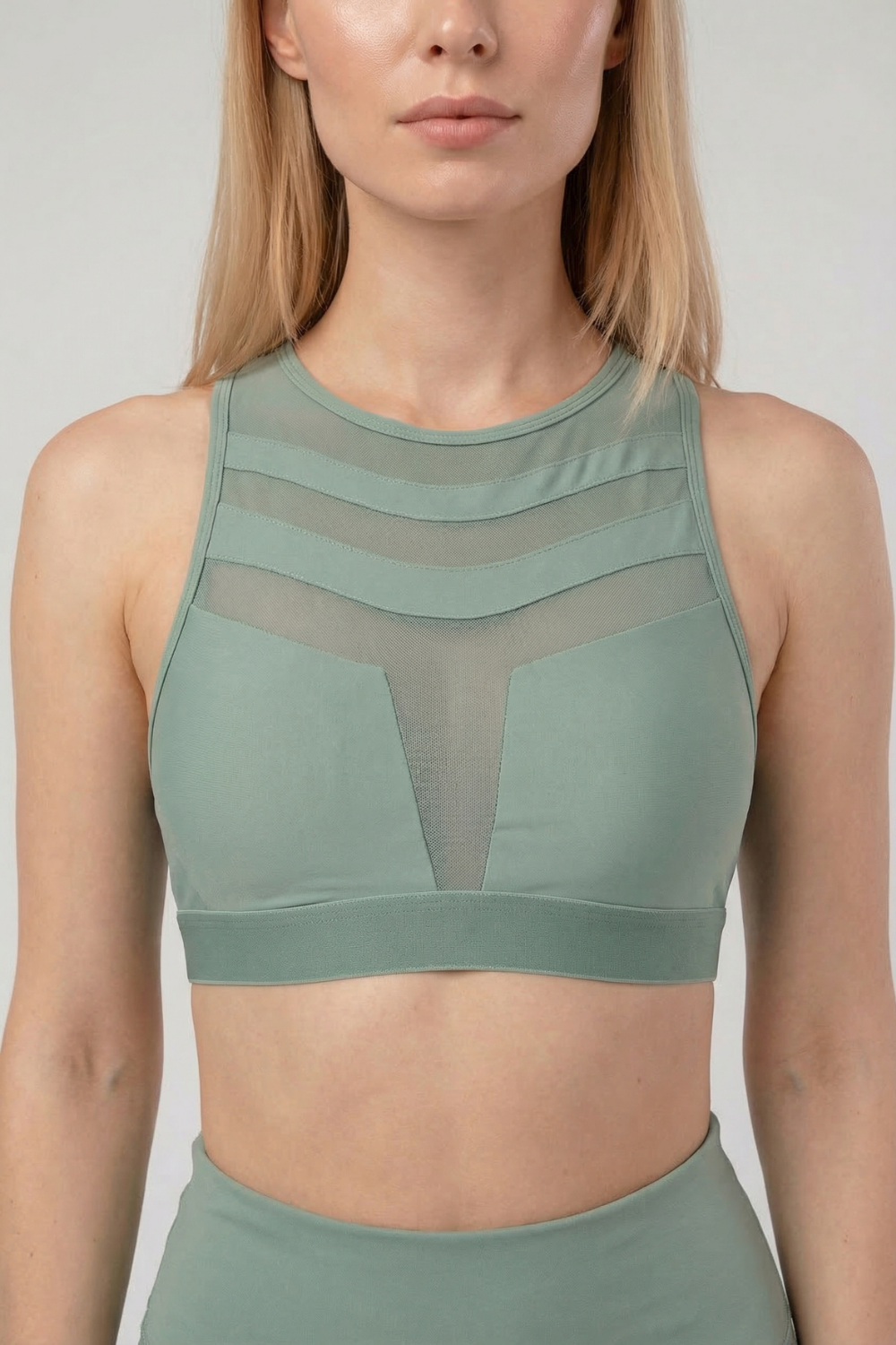 Mesh Panel High-Neck Strappy Sports Bra  by PROFIT OUTFITS