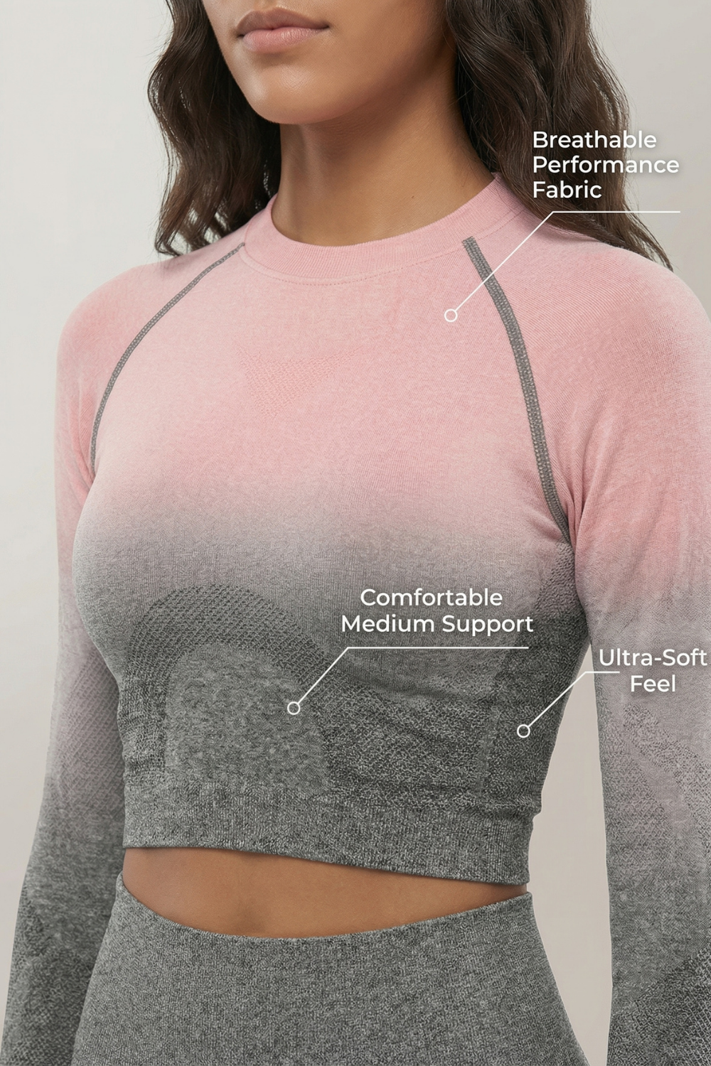 SoftTouch Ombre Long Sleeve Crop Top Apparel & Accessories > Activewear > Tops by Profit Outfits