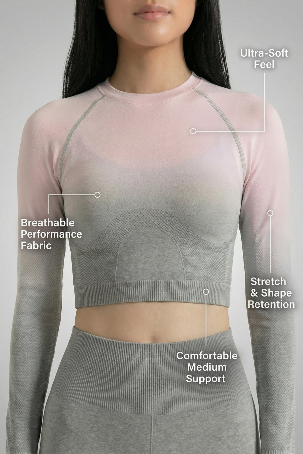 SoftTouch Ombre Long Sleeve Crop Top - Grey/Pink Apparel & Accessories > Activewear > Tops by Profit Outfits