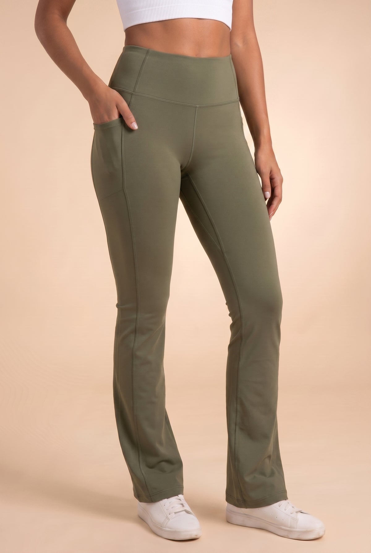 SoftTouch Pocket High-Waist Flare Legging - Army Green Apparel & Accessories > Activewear > Leggings > Flare Leggings by Profit Outfits