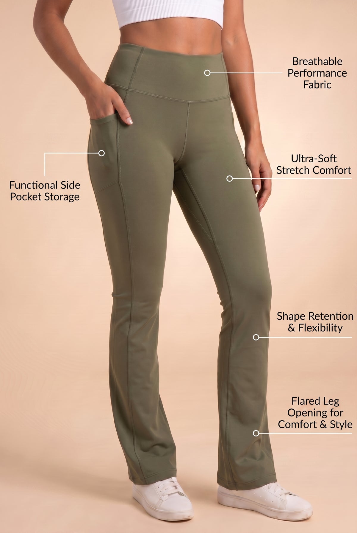 SoftTouch Pocket High-Waist Flare Legging - Army Green Apparel & Accessories > Activewear > Leggings > Flare Leggings by Profit Outfits