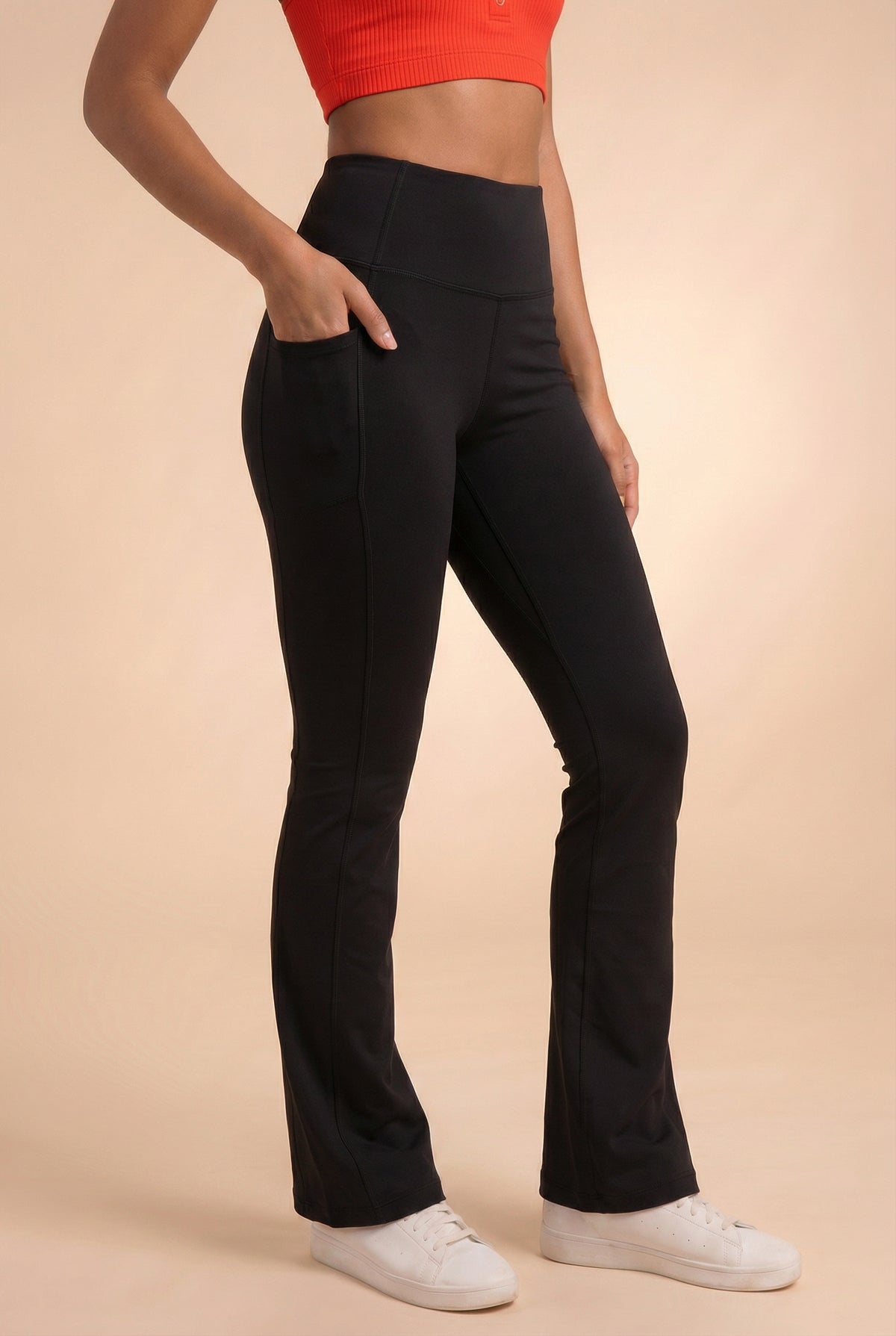 SoftTouch Pocket High-Waist Flare Legging - Black Apparel & Accessories > Activewear > Leggings > Flare Leggings by Profit Outfits