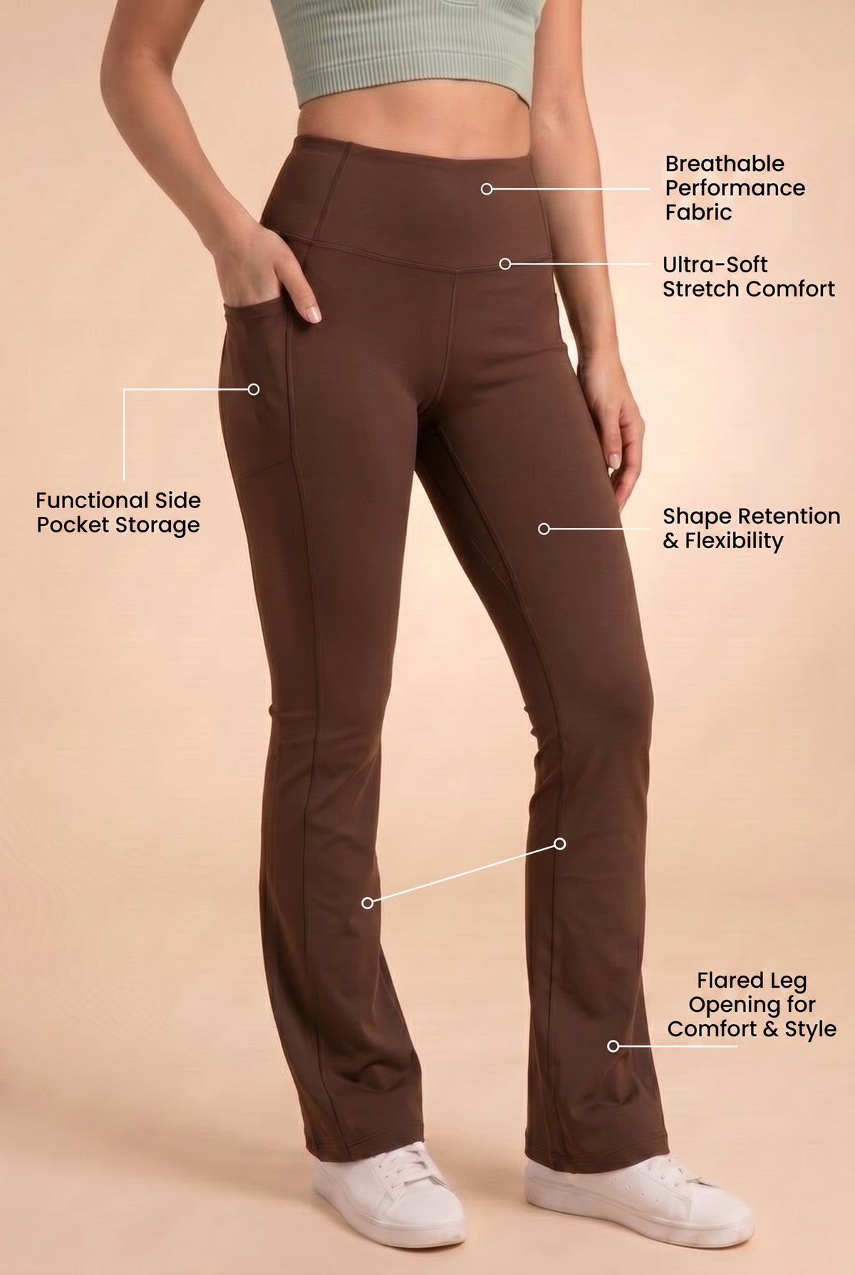 SoftTouch Pocket High-Waist Flare Legging - Coffee Apparel & Accessories > Activewear > Leggings > Flare Leggings by Profit Outfits