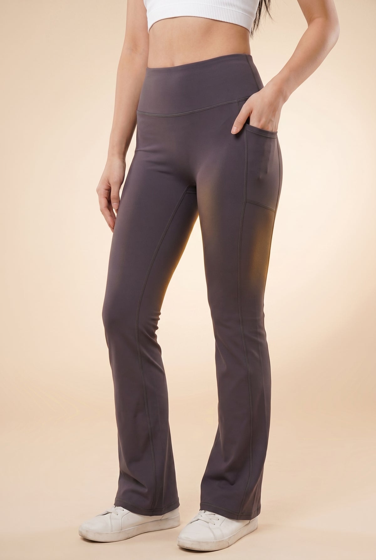 SoftTouch Pocket High-Waist Flare Legging - Dark Grey Apparel & Accessories > Activewear > Leggings > Flare Leggings by Profit Outfits