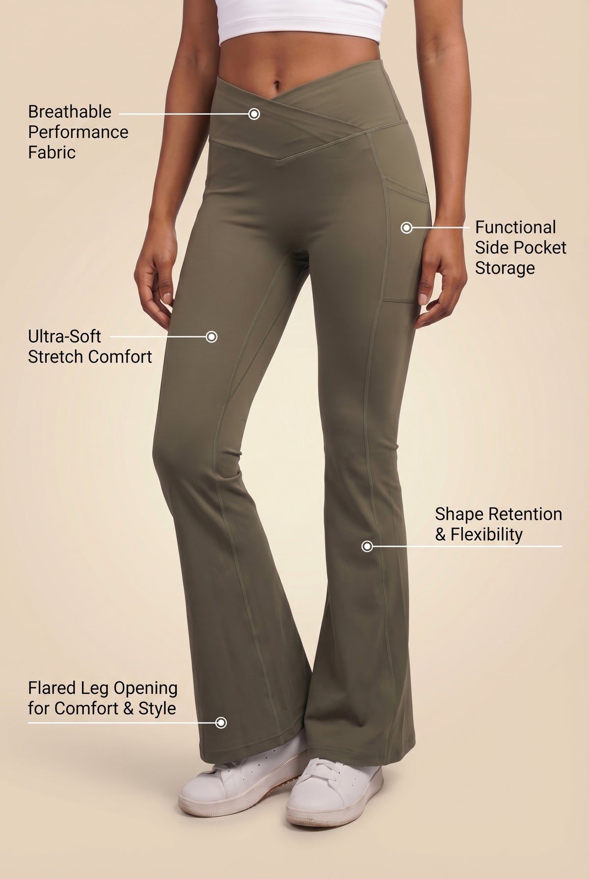 SoftTouch Pocket V-Waist Flare Legging - Army Green Apparel & Accessories > Activewear > Leggings > Flare Leggings by Profit Outfits