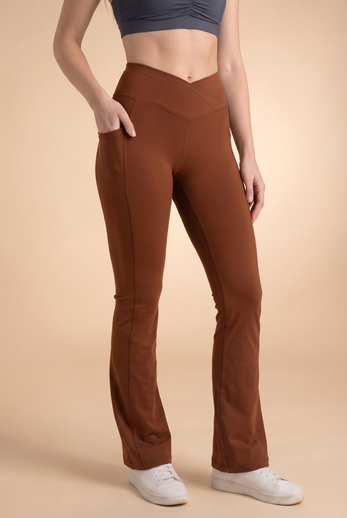 SoftTouch Pocket V-Waist Flare Legging - Brown Apparel & Accessories > Activewear > Leggings > Flare Leggings by Profit Outfits