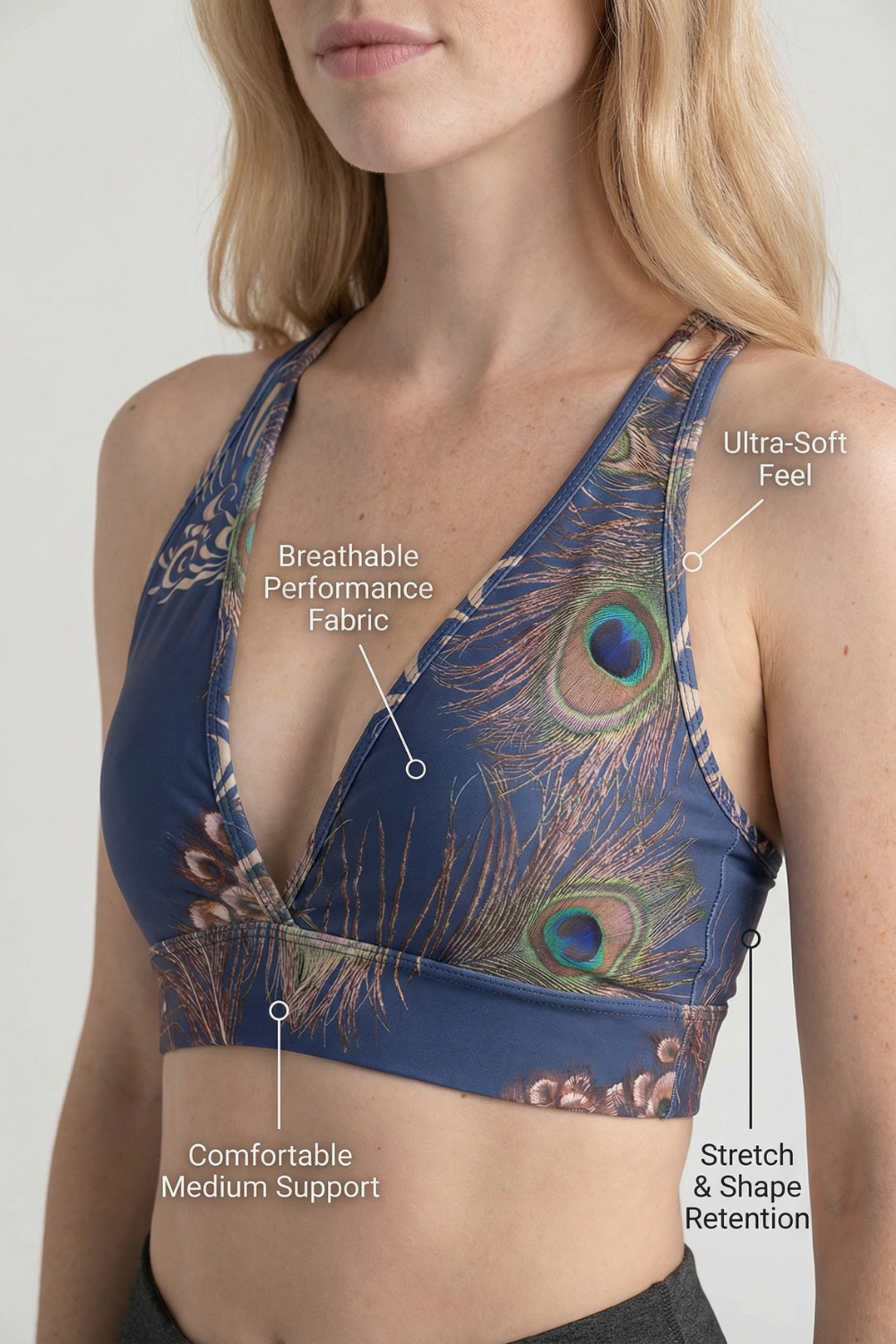 StudioPrint Peacock Feather Sports Bra Apparel & Accessories > Activewear > Sports Bras by Profit Outfits