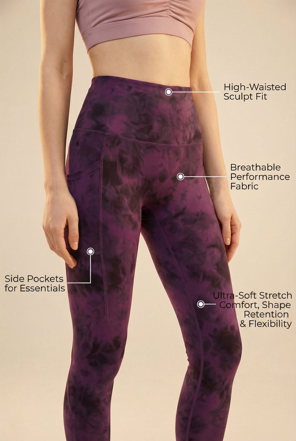 Tie-Dye Lift Pocket High-Waist Legging - Dark Berry Apparel & Accessories > Activewear > Leggings > High-Waist Leggings by Profit Outfits