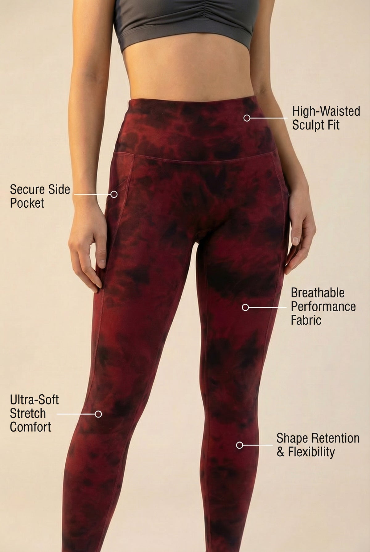 Tie-Dye Lift Pocket High-Waist Legging - Date Red Apparel & Accessories > Activewear > Leggings > High-Waist Leggings by Profit Outfits
