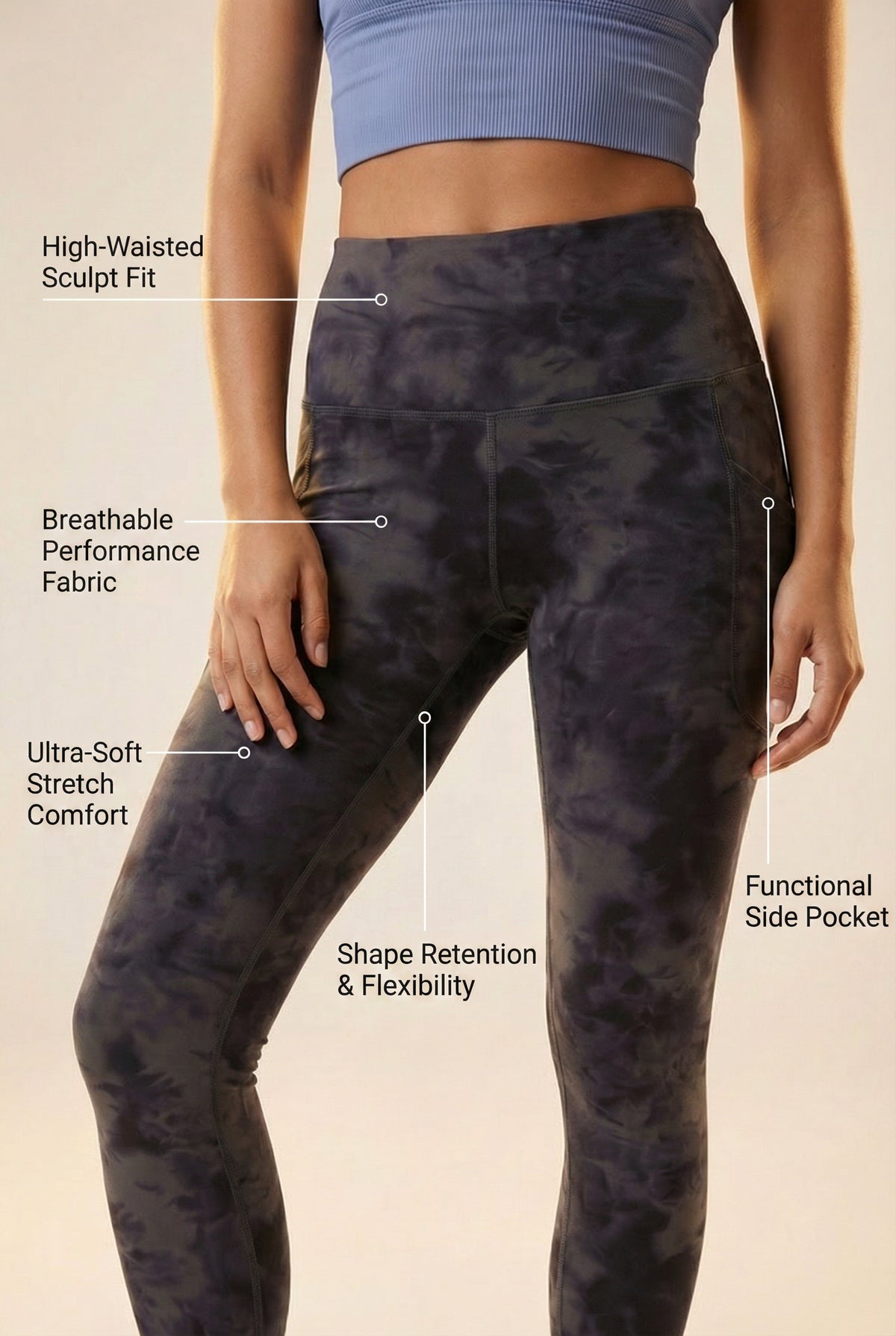 Tie-Dye Lift Pocket High-Waist Legging - Taupe Apparel & Accessories > Activewear > Leggings > High-Waist Leggings by Profit Outfits